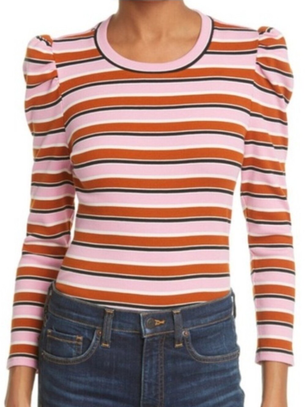 Veronica Beard Britney Striped Puff-Sleeve Long Sleeve Top in Pink and Rust